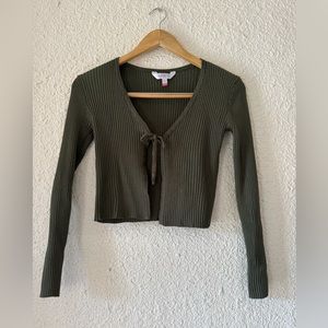 Olive Green Front Tie Long Sleeve Sweater — Size XS